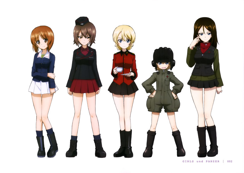 10s 5girls absurdres adjusting_hair ankle_boots arm_grab black_footwear black_hair black_jacket black_legwear black_skirt blonde_hair blue_eyes blue_jacket boots braid brown_eyes brown_hair closed_mouth cup darjeeling_(girls_und_panzer) dress_shirt full_body garrison_cap girls_und_panzer green_jacket green_shirt hands_on_own_hips hat helmet highres holding jacket katyusha_(girls_und_panzer) long_hair long_sleeves looking_at_viewer military military_uniform miniskirt multiple_girls nishizumi_maho nishizumi_miho nonna_(girls_und_panzer) official_art open_mouth pleated_skirt red_jacket red_shirt red_skirt saucer shirt short_hair short_jumpsuit simple_background skirt smile socks standing swept_bangs tank_helmet teacup turtleneck twin_braids vest white_background white_skirt