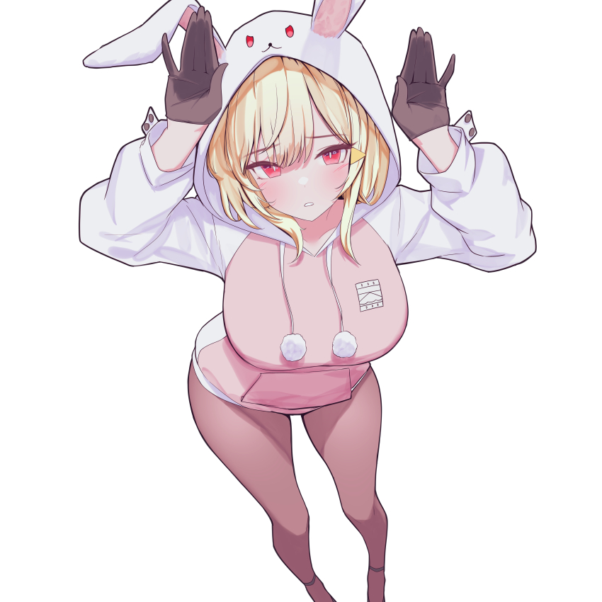 1girl absurdres animal_ears animal_hood blonde_hair blush breasts brown_pantyhose gloves half_gloves highres hood hood_up hoodie jingburger large_breasts long_sleeves looking_at_viewer pantyhose rabbit_ears rabbit_hood rabbit_pose red_eyes simple_background solo sundance0218 virtual_youtuber waktaverse