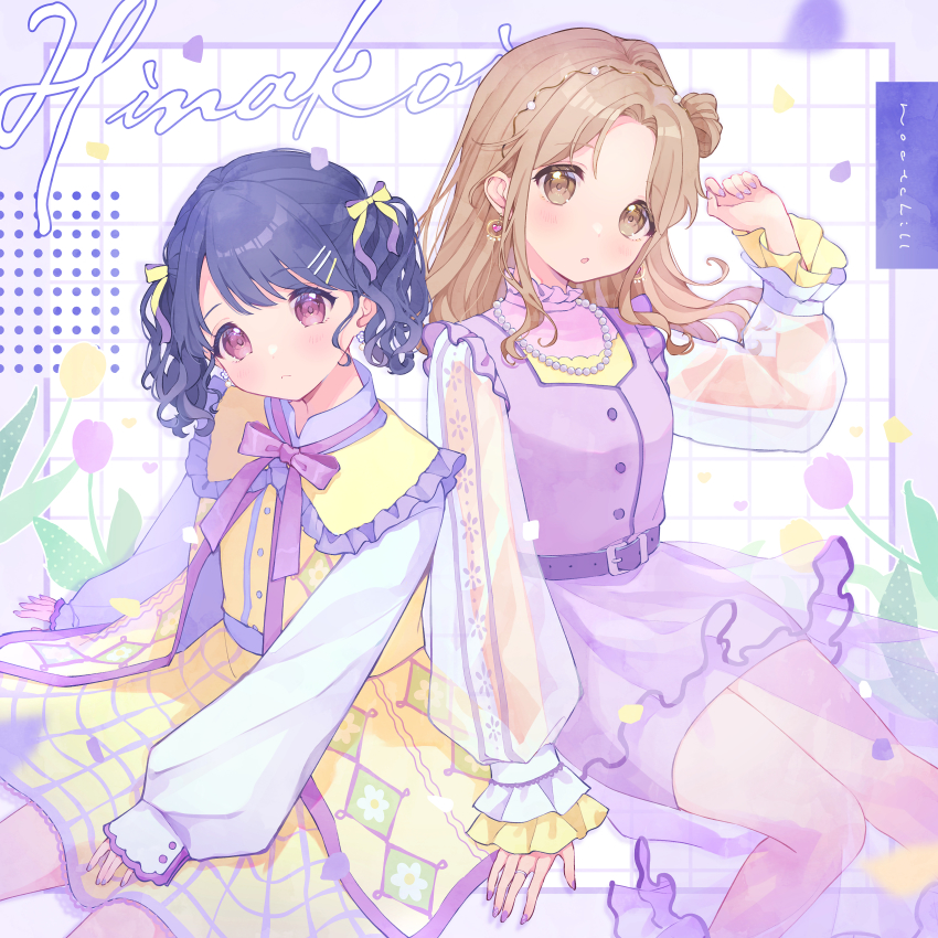 2girls absurdres belt black_hair brown_eyes brown_hair commentary dress earrings fukumaru_koito hair_bun hair_ornament hair_ribbon hairclip highres ichikawa_hinana idolmaster idolmaster_shiny_colors jewelry long_hair long_sleeves looking_at_viewer mameyanagi multiple_girls nail_polish neck_ribbon necklace pearl_necklace plaid_clothes plaid_skirt purple_dress purple_eyes purple_nails ribbon see-through_clothes see-through_sleeves short_dress side_bun single_hair_bun single_side_bun sitting skirt sleeves_past_wrists swept_bangs twintails yellow_skirt