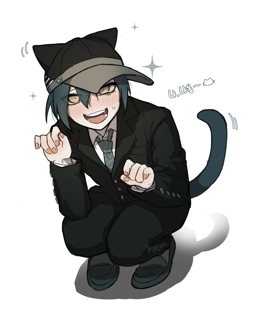 1boy absurdres animal_ears baseball_cap black_hair black_hat black_jacket blush brown_eyes buttons cat_boy cat_ears cat_tail collared_jacket collared_shirt danganronpa_(series) danganronpa_v3:_killing_harmony eyelashes grey_necktie hair_between_eyes hat highres hyeon jacket long_sleeves looking_at_viewer male_focus motion_lines necktie open_mouth pants paw_pose saihara_shuichi school_uniform shadow shirt short_hair sidelighting signature simple_background smile sparkle squatting sweat tail teeth white_background