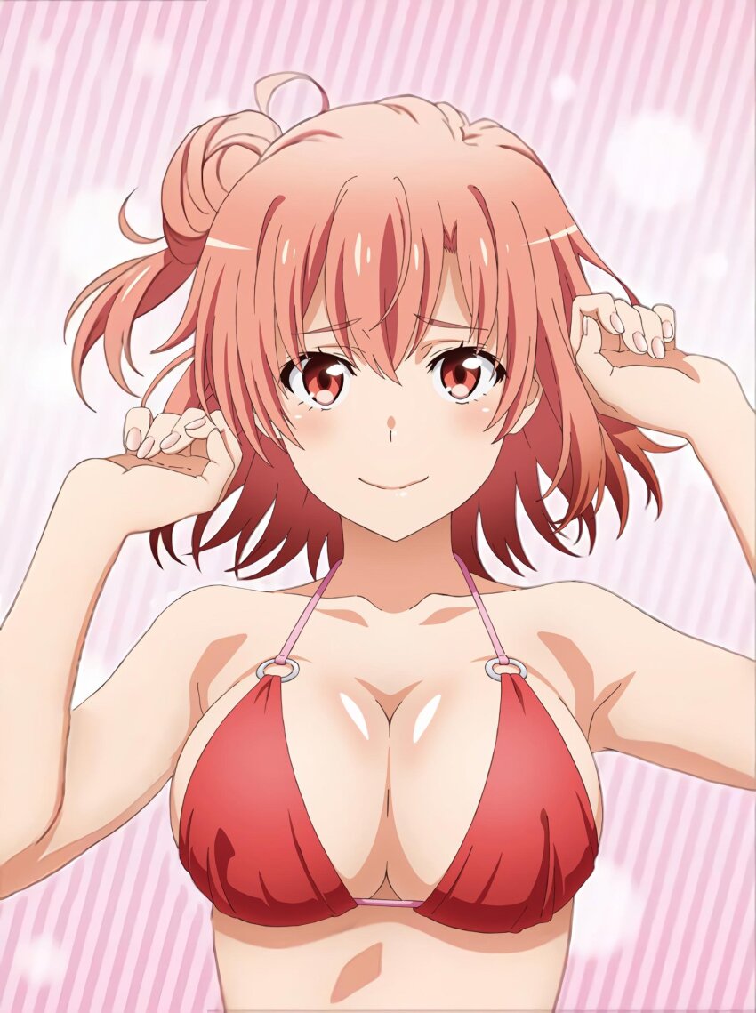 1girl armpits artist_request bikini blush breasts cleavage closed_mouth collarbone hair_bun hands_up highres large_breasts looking_at_viewer lying medium_hair o-ring o-ring_bikini official_art on_back orange_eyes orange_hair ponkan red_bikini single_side_bun smile solo swimsuit third-party_source upper_body yahari_ore_no_seishun_lovecome_wa_machigatteiru. yuigahama_yui