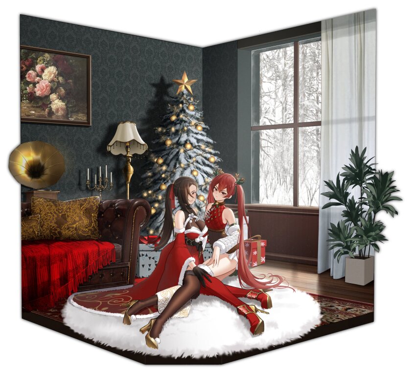 2girls absurdres alternate_costume breasts brown_hair christmas christmas_tree cleavage commission fake_antlers fire_emblem fire_emblem_fates fire_emblem_heroes high_heels high_ponytail highres indoors kagero_(fire_emblem) large_breasts multiple_girls nintendo official_alternate_costume red_hair rug selena_(fire_emblem_fates) selena_(winter)_(fire_emblem_fates) shizuko_hideyoshi small_breasts twintails