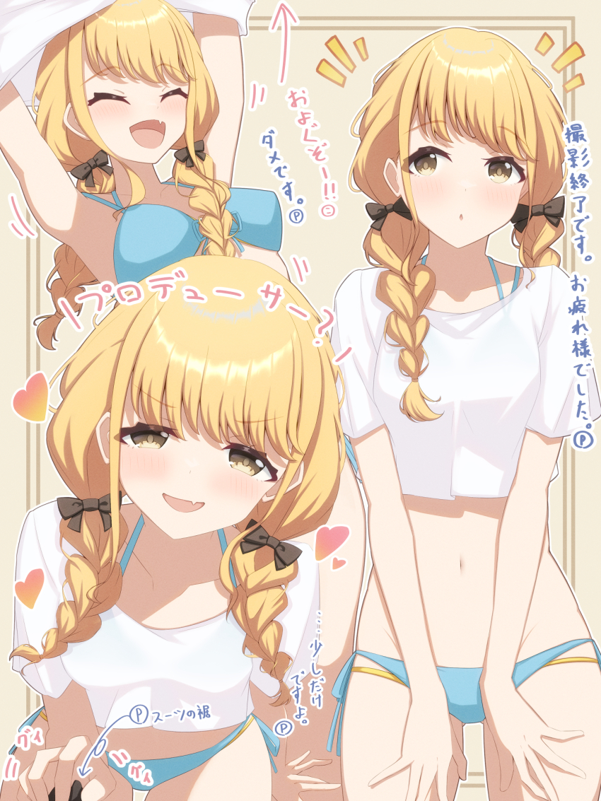 1girl alternate_costume bikini black_bow blonde_hair blue_bikini blush bow braid closed_eyes collarbone fang fujita_kotone gakuen_idolmaster groin hair_bow hands_on_own_thighs heart highres idolmaster k0me leaning_forward low_twin_braids multiple_views naughty_face navel notice_lines open_mouth outline outside_border simple_background skin_fang smile stomach swimsuit thigh_strap translation_request twin_braids undressing white_outline yellow_background yellow_eyes