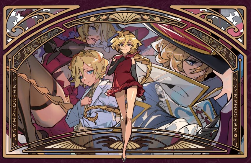 1girl aged_up black_gloves blonde_hair blue_eyes border carol_malus_dienheim coat copyright_name dress elbow_gloves elfnein floating_hair gloves hair_between_eyes hat long_hair looking_at_viewer mole mole_under_eye multiple_views ornate_border red_dress senki_zesshou_symphogear thighs thundergotch very_long_hair white_coat