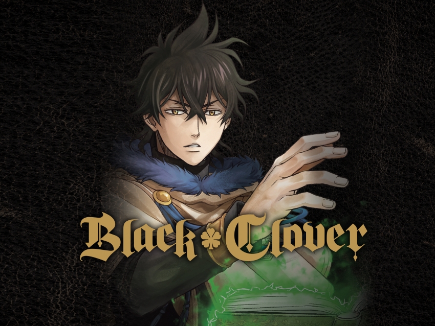 1boy black_clover black_hair book capelet cover dvd_cover expressionless floating floating_book floating_object fur_trim grimoire hand_up highres long_bangs looking_at_viewer male_focus official_art parted_lips short_hair solo tabata_yuuki upper_body yellow_capelet yellow_eyes yuno_(black_clover)