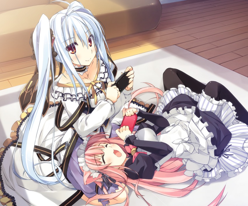 2girls ahoge animal_ears apron black_legwear cat_ears choker couch dress closed_eyes floor frilled_apron frilled_dress frills game_console hair_ribbon happy holding long_hair looking_at_viewer lying lying_on_person maid_headdress mat multiple_girls nanakase_gizmo nanakase_kotoko nekonade_distortion on_back open_mouth orange_eyes pantyhose pink_hair playing_games ribbon sitting smile strap t-ray twintails white_hair