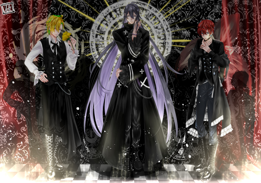 3boys alternate_costume blonde_hair flower goth_fashion goth_fashion grey_hair hypnosis_mic izanami_hifumi jewelry jinguji_jakurai kannonzaka_doppo long_hair male_focus multicolored_hair multiple_boys red_hair rose visual_kei