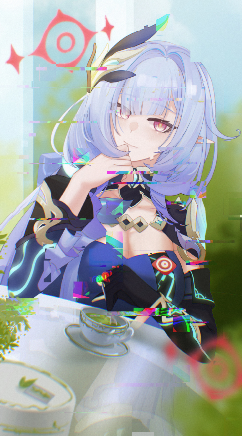 1girl absurdres akashin birthday_cake black_shrug blue_hair blunt_bangs breasts cake chromatic_aberration cleavage collarbone commentary_request cup elysia_(honkai_impact) elysia_(miss_pink_elf)_(honkai_impact) food glitch hair_intakes hair_ornament hand_on_own_chin head_tilt herrscher_of_corruption highres honkai_(series) honkai_impact_3rd large_breasts looking_at_viewer pointy_ears red_eyes shrug_(clothing) sitting smile solo teacup upper_body yellow_pupils