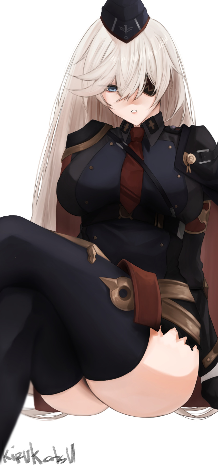 1girl absurdres azur_lane black_gloves black_thighhighs blue_eyes crossed_legs eyepatch gloves highres kirukatsu long_hair long_sleeves looking_at_viewer military_uniform necktie parted_lips red_necktie scharnhorst_(azur_lane) scharnhorst_(meta)_(azur_lane) signature simple_background sitting solo thighhighs very_long_hair white_background white_hair