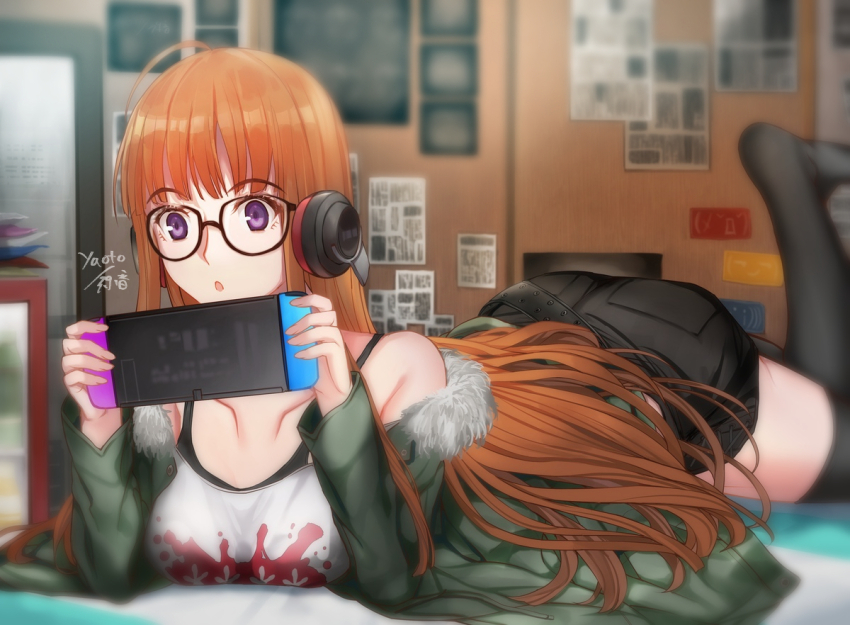 1girl :o ahoge ass bedroom behind-the-head_headphones belt black_belt black_shorts black_thighhighs breasts collarbone fur-trimmed_jacket fur_trim glasses green_jacket handheld_game_console headphones holding holding_handheld_game_console indoors jacket long_hair lying medium_breasts nintendo_switch on_bed on_stomach orange_hair persona persona_5 playing_games purple_eyes sakura_futaba short_shorts shorts solo the_pose thighhighs very_long_hair yaoto