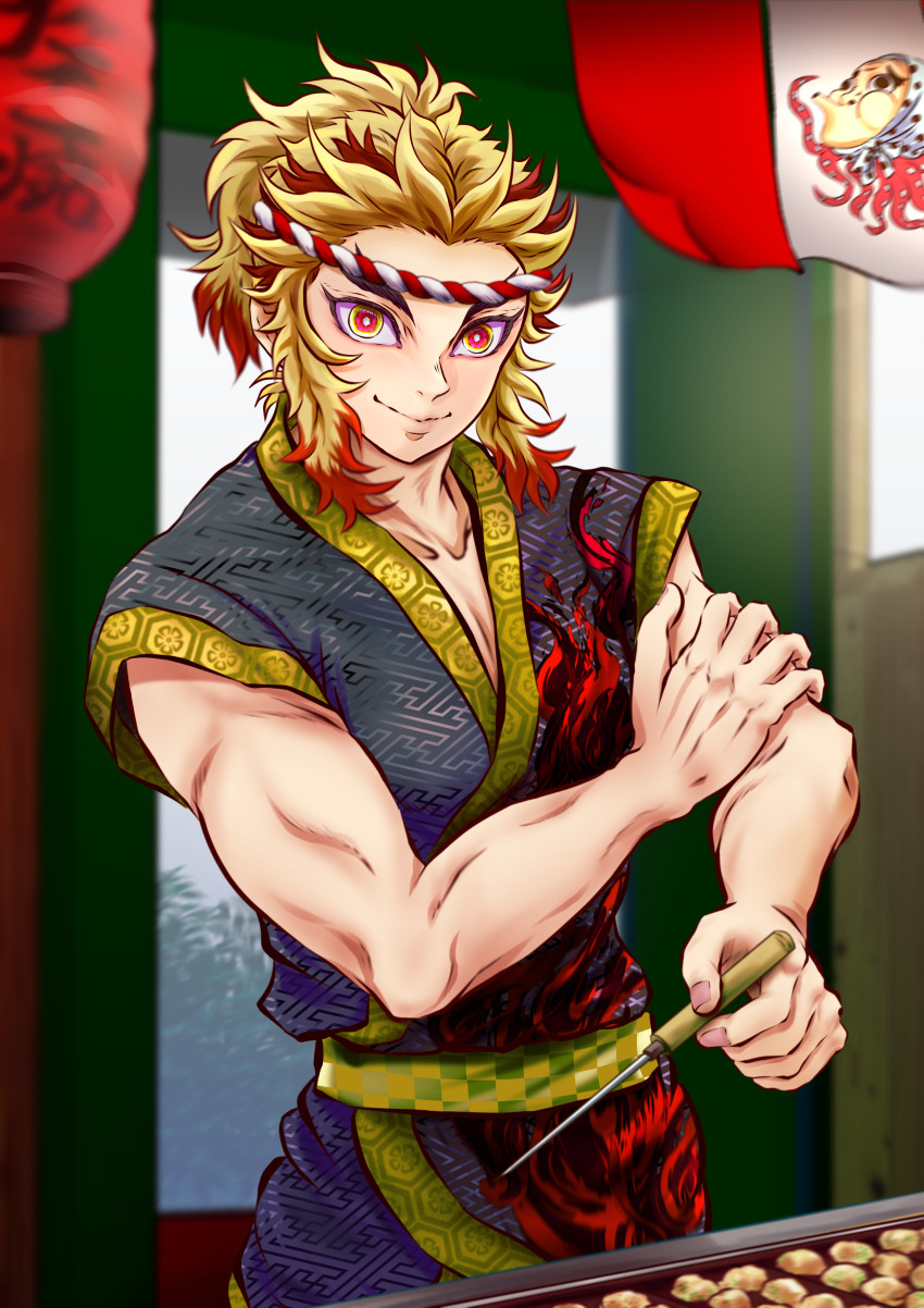 1boy 510lilith absurdres alternate_costume blonde_hair closed_mouth collarbone grey_kimono highres holding japanese_clothes kimetsu_no_yaiba kimono male_focus multicolored_hair pectoral_cleavage pectorals red_eyes red_hair rengoku_kyoujurou sleeveless sleeveless_kimono smile solo two-tone_hair