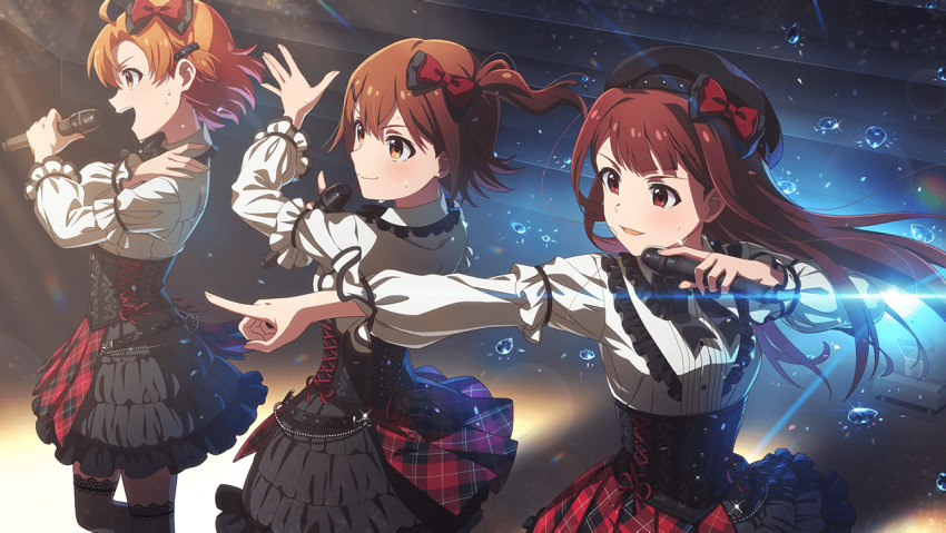 3girls ahoge blouse bow brown_eyes brown_hair corset game_cg hair_bow hat holding holding_microphone idol_clothes idolmaster idolmaster_million_live! idolmaster_million_live!_theater_days kasuga_mirai microphone multiple_girls official_art open_mouth orange_hair red_eyes shirt side_ponytail skirt sweat tanaka_kotoha thighhighs yabuki_kana