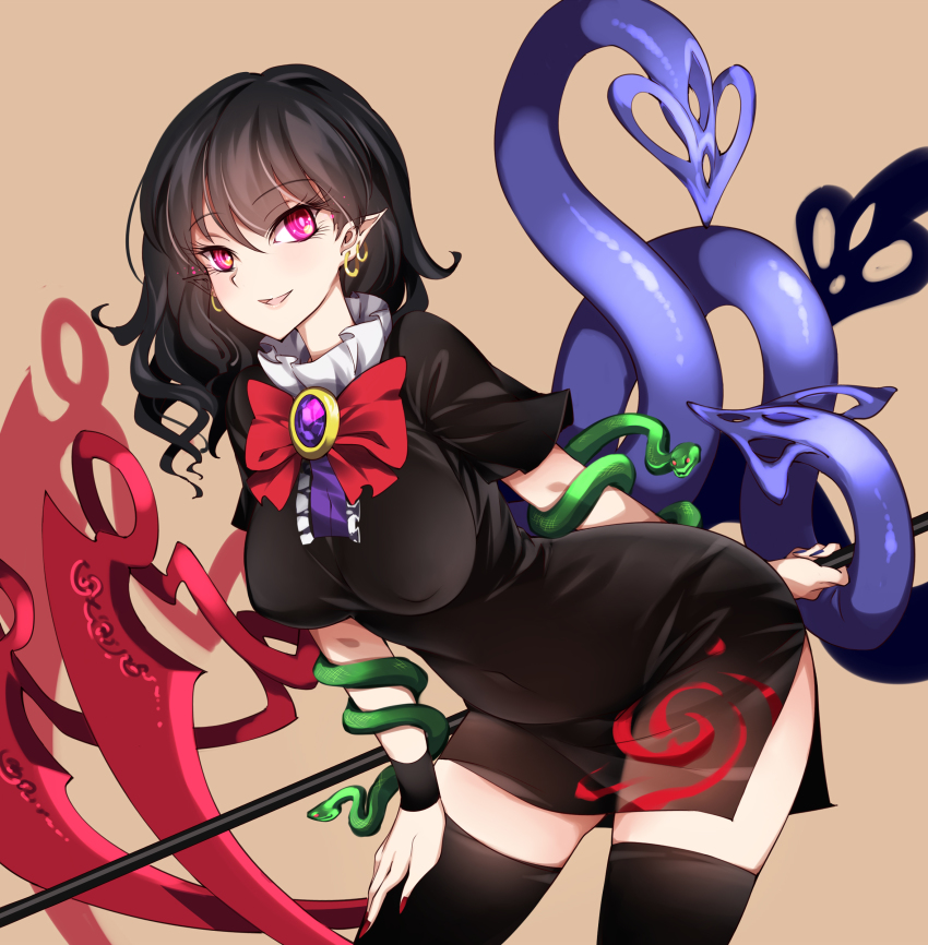 1girl absurdres asymmetrical_wings black_dress black_hair black_thighhighs blue_wings bow bowtie buttons center_frills dress footwear_bow frilled_dress frills highres houjuu_nue mary_janes multicolored_nails nail_polish nue pointy_ears polearm raptor7 red_bow red_bowtie red_eyes red_footwear red_wings shoes short_dress short_hair short_sleeves simple_background snake solo thighhighs thighs touhou trident weapon wings wristband