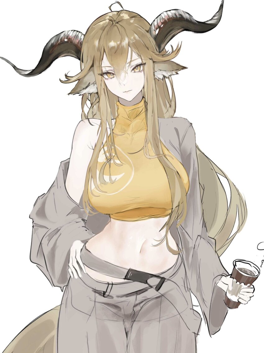 1girl animal_ear_fluff animal_ears arknights armpit_crease blonde_hair breasts brown_jacket brown_pants coffee commentary_request crop_top cup degenbrecher_(arknights) disposable_cup double-parted_bangs goat_ears goat_girl goat_horns highres horns jacket korean_commentary large_breasts long_hair long_sleeves looking_at_viewer midriff navel off_shoulder official_alternate_costume pants shirt sidelocks simple_background sleeveless smile solo unfinished unfox_9 white_background yellow_eyes yellow_shirt