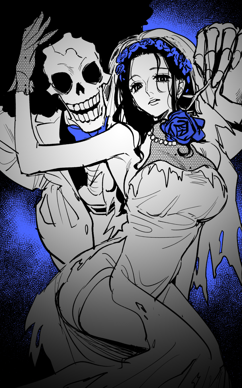 1boy 1girl a_dzu_(hnm_knm_04) absurdres afro blue_background brook_(one_piece) commentary_request dress flower flower_wreath gloves greyscale_with_colored_background highres holding holding_flower jewelry long_dress long_hair looking_at_viewer necklace nico_robin one_piece parted_lips pearl_necklace rose side_slit skeleton turtleneck turtleneck_dress