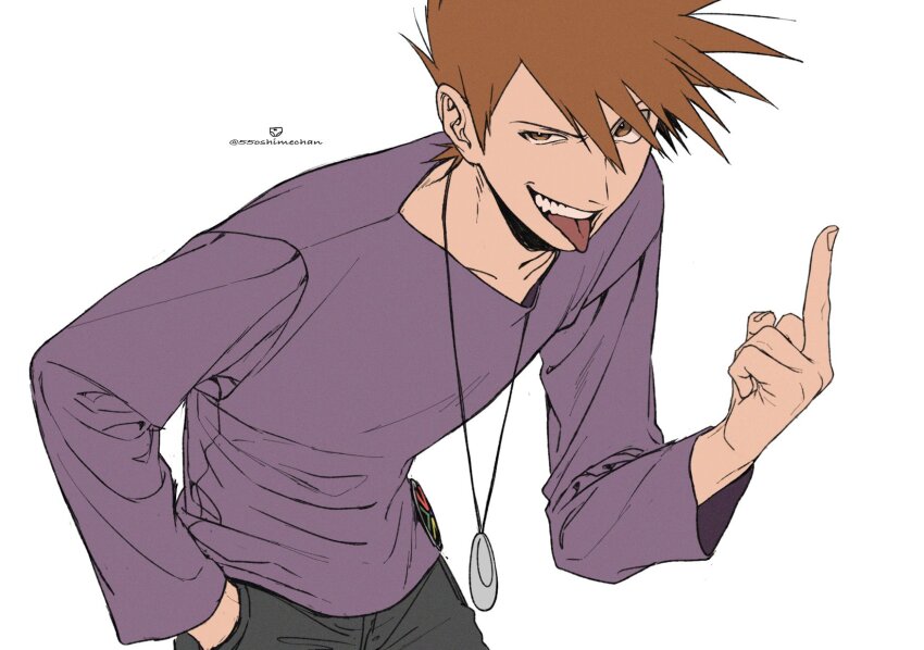 1boy 55oshimechan blue_oak brown_eyes brown_hair creatures_(company) game_freak half-closed_eye hand_in_pocket highres hunched_over jewelry long_sleeves male_focus middle_finger necklace nintendo open_mouth pants pokemon pokemon_rgby purple_shirt shirt short_hair simple_background solo spiked_hair teeth tongue tongue_out upper_teeth_only white_background