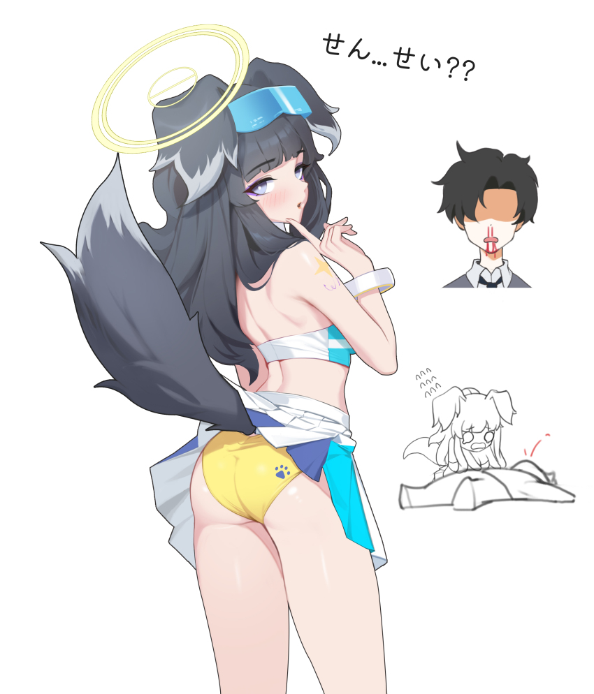 1boy 1girl absurdres animal_ears ass bare_shoulders black_hair blood blood_on_face blue_archive blue_eyes blunt_bangs blush breasts cheerleader commentary_request dog_ears dog_girl dog_tail eyewear_on_head from_behind halo hand_on_own_face hibiki_(blue_archive) hibiki_(cheer_squad)_(blue_archive) highres index_finger_raised long_hair looking_at_viewer looking_back millennium_cheerleader_outfit_(blue_archive) nosebleed official_alternate_costume open_mouth panties paw_print sensei_(blue_archive) sensei_(blue_archive_the_animation) simple_background skirt standing sticker_on_arm sticker_on_face tail tony_maverick translation_request underwear white_background white_skirt yellow_halo yellow_panties