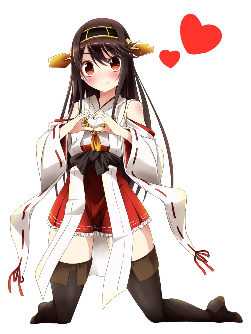 10s 1girl bare_shoulders black_hair black_socks black_thighhighs blush boots brown_hair detached_sleeves female_focus hairband haruna_(kancolle) headgear heart heart_hands heat highres kantai_collection khnchak kneehighs long_hair looking_at_viewer nontraditional_miko red_eyes red_skirt simple_background skirt smile socks solo thigh_boots thighhighs white_background