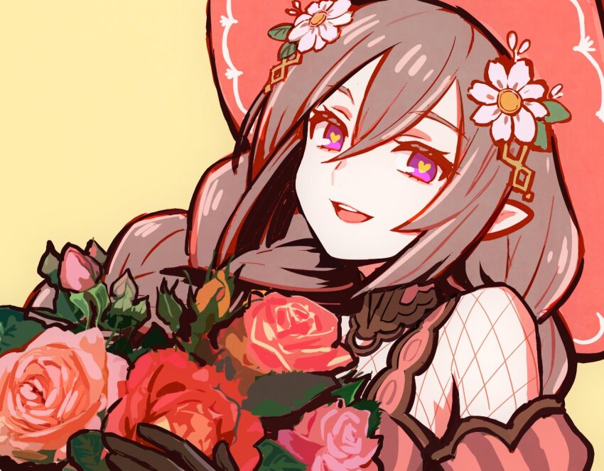 1girl :d bouquet braid brown_gloves commentary detached_collar fishnet_top fishnets flower gloves grey_hair hair_between_eyes hair_flower hair_ornament hat heart heart-shaped_pupils holding holding_bouquet long_hair looking_at_viewer ludmila_(rune_factory) open_mouth pink_flower pointy_ears purple_eyes red_flower red_rose rose rune_factory rune_factory_5 simple_background smile solo symbol-only_commentary symbol-shaped_pupils tb_(spr1110) twin_braids upper_body white_flower witch_hat yellow_background