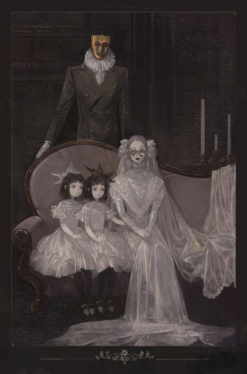 1boy 3girls absurdres black_hair black_lips candle candlestand couch cracked_mask dress formal_clothes gloves gold_mask grey_eyes grey_hair highres looking_at_viewer mask multiple_girls nightman7917 original short_hair siblings smile twins white_dress