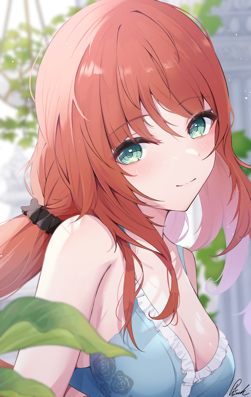 1girl absurdres bare_shoulders blue_bra blush bra breasts cleavage commentary day genshin_impact green_eyes hair_ornament hanging_plant highres leaf light_smile long_hair looking_at_viewer medium_breasts nilou_(genshin_impact) off_shoulder pisuke_(user_kcmh2774) plant red_hair ribbon smile solo twintails underwear