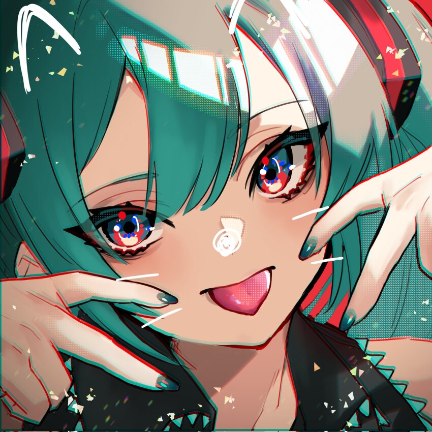 1girl closed_mouth drawn_ears drawn_nose drawn_whiskers face_filter green_eyes green_hair green_nails hatsune_miku highres looking_at_viewer maou_(maou62) multicolored_eyes orange_eyes portrait solo tongue tongue_out vocaloid