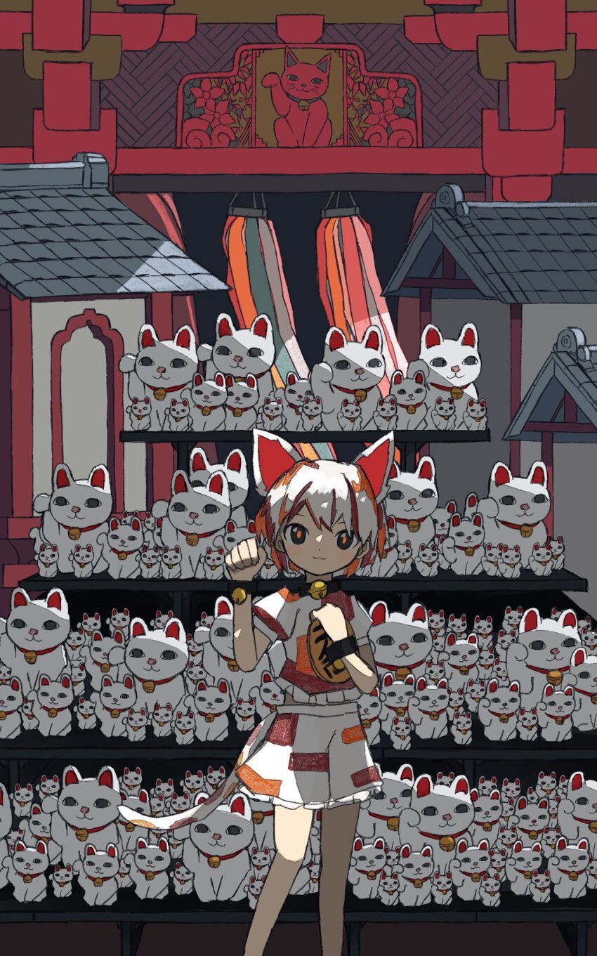 1girl :3 animal_ears bell black_eyes brown_hair calico cat_ears cat_girl cat_tail coin commentary extra_ears gold goutokuji_mike highres jingle_bell koban_(gold) looking_at_viewer maneki-neko multicolored_hair neck_bell neruzou orange_hair paw_pose revision short_hair solo tail temple touhou unconnected_marketeers white_hair wristband