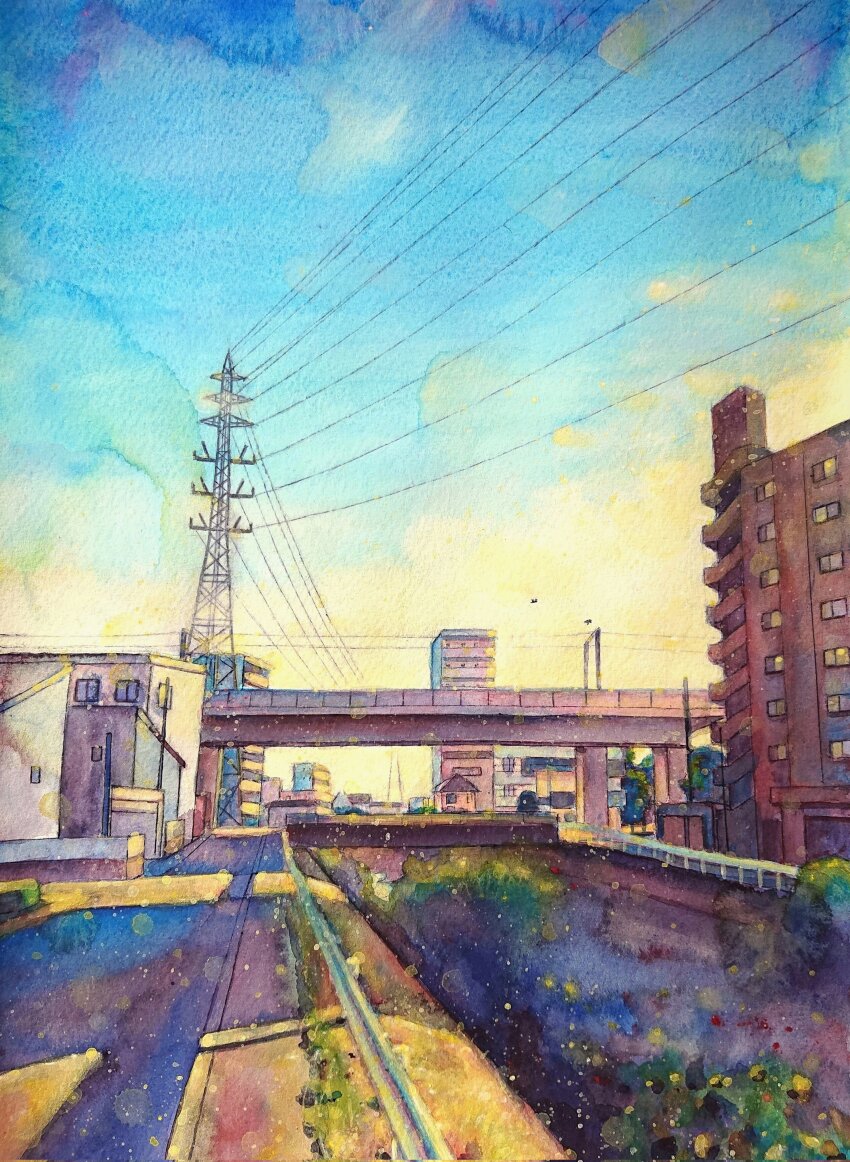 absurdres acrylic_paint_(medium) animal apartment bird blue_sky bridge building bush grass highres jobanni landscape morning no_humans original overhead_line painting_(medium) plant power_lines road shadow sky street sunlight traditional_media transmission_tower utility_pole