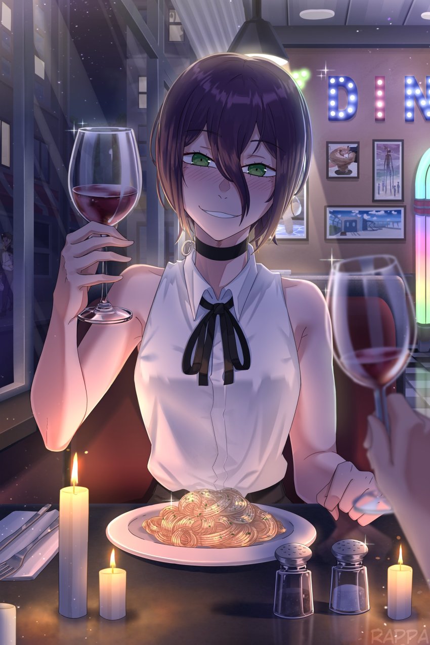 1boy 1girl alcohol black_bow black_bowtie black_choker blush booth_seating bow bowtie breasts candle chainsaw_man choker commentary cup diner dinner drinking_glass english_commentary food green_eyes hair_between_eyes highres holding holding_cup looking_at_viewer medium_breasts medium_hair natsuki_subaru night nose_blush pasta pepper_shaker pov pov_hands purple_hair rappa_(sirrappa) re:zero_kara_hajimeru_isekai_seikatsu reze_(chainsaw_man) salt_shaker shirt sitting sleeveless sleeveless_shirt smile solo_focus spaghetti table window wine wine_glass