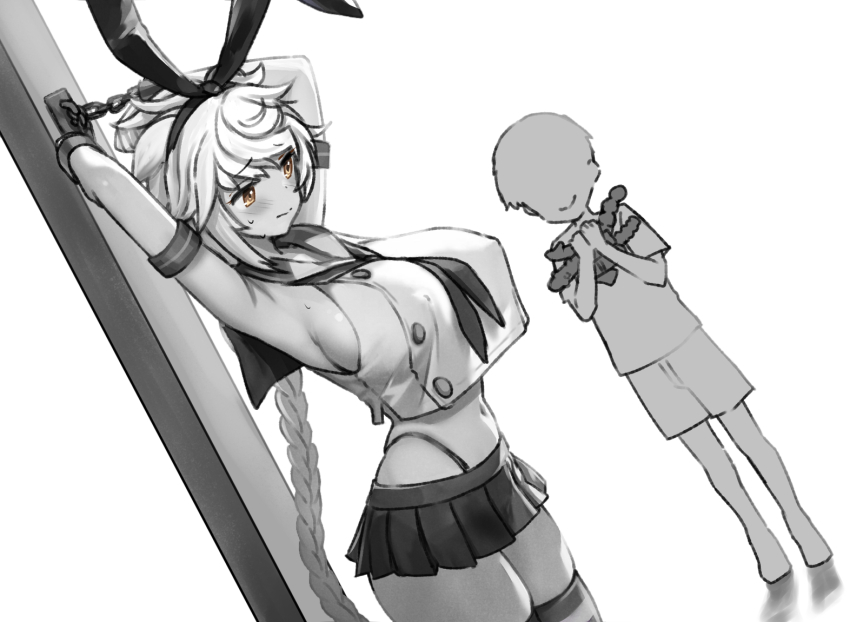 1boy 1girl armpits arms_up blush bound braid breasts chain closed_mouth commentary_request cosplay crop_top dildo eckert&amp;eich elbow_gloves faceless faceless_male gloves greyscale highleg highleg_panties holding holding_sex_toy huge_breasts kantai_collection long_hair microskirt midriff miniskirt monochrome neckerchief panties pleated_skirt sailor_collar sex_toy shimakaze_(kancolle) shimakaze_(kancolle)_(cosplay) shirt shorts sideboob simple_background single_braid skirt sleeveless spot_color striped_clothes striped_thighhighs sweat thighhighs underwear unryuu_(kancolle) very_long_hair