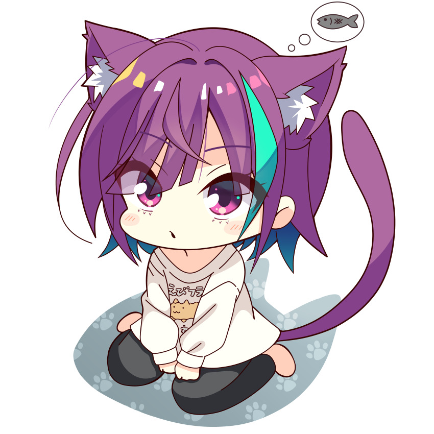 1girl absurdres animal_ear_fluff animal_ears aqua_hair black_pants blush_stickers cat_ears cat_girl cat_tail chibi commentary fish full_body hair_intakes highres ibaraki_rino kaon_zz kemonomimi_mode looking_at_viewer multicolored_hair paid_reward_available pants parquet_(yuzusoft) parted_lips paw_print print_shirt purple_eyes purple_hair shirt short_hair simple_background sitting solo speech_bubble streaked_hair tail tail_raised thought_bubble upturned_eyes wariza white_background white_shirt