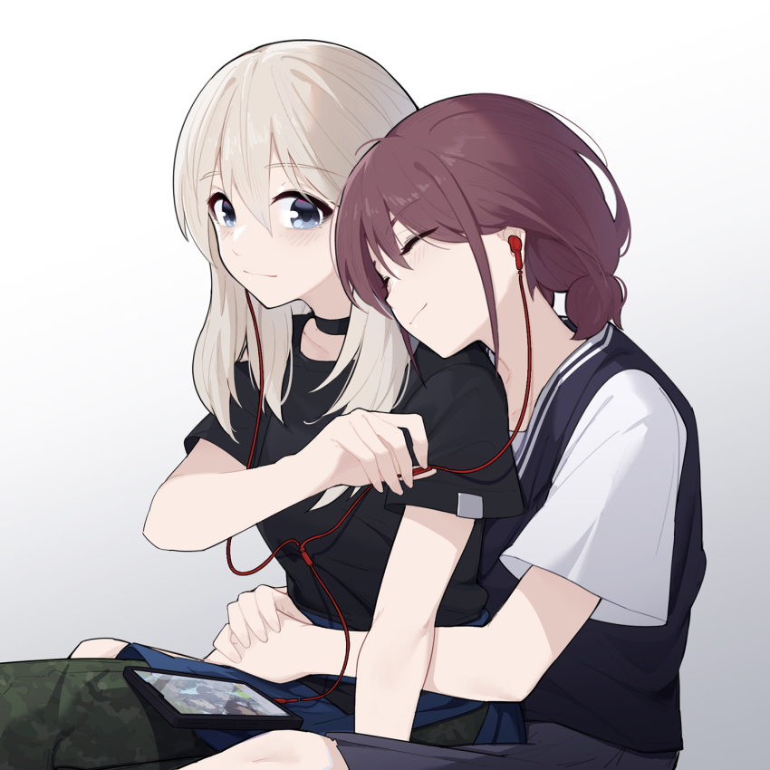 2girls black_choker black_shirt blue_sweater_vest blush brown_hair cellphone chinese_commentary choker closed_eyes closed_mouth collarbone commentary_request couple earphones girls_band_cry grey_background grey_eyes grey_hair grey_skirt hair_between_eyes highres hug hug_from_behind iseri_nina kawaragi_momoka long_hair low_twintails multiple_girls phone pleated_skirt shared_earphones shirt short_hair short_sleeves short_twintails simple_background sitting_between_lap skirt smartphone sweater_vest togenashi_togeari twintails white_shirt yun_cao_bing yuri