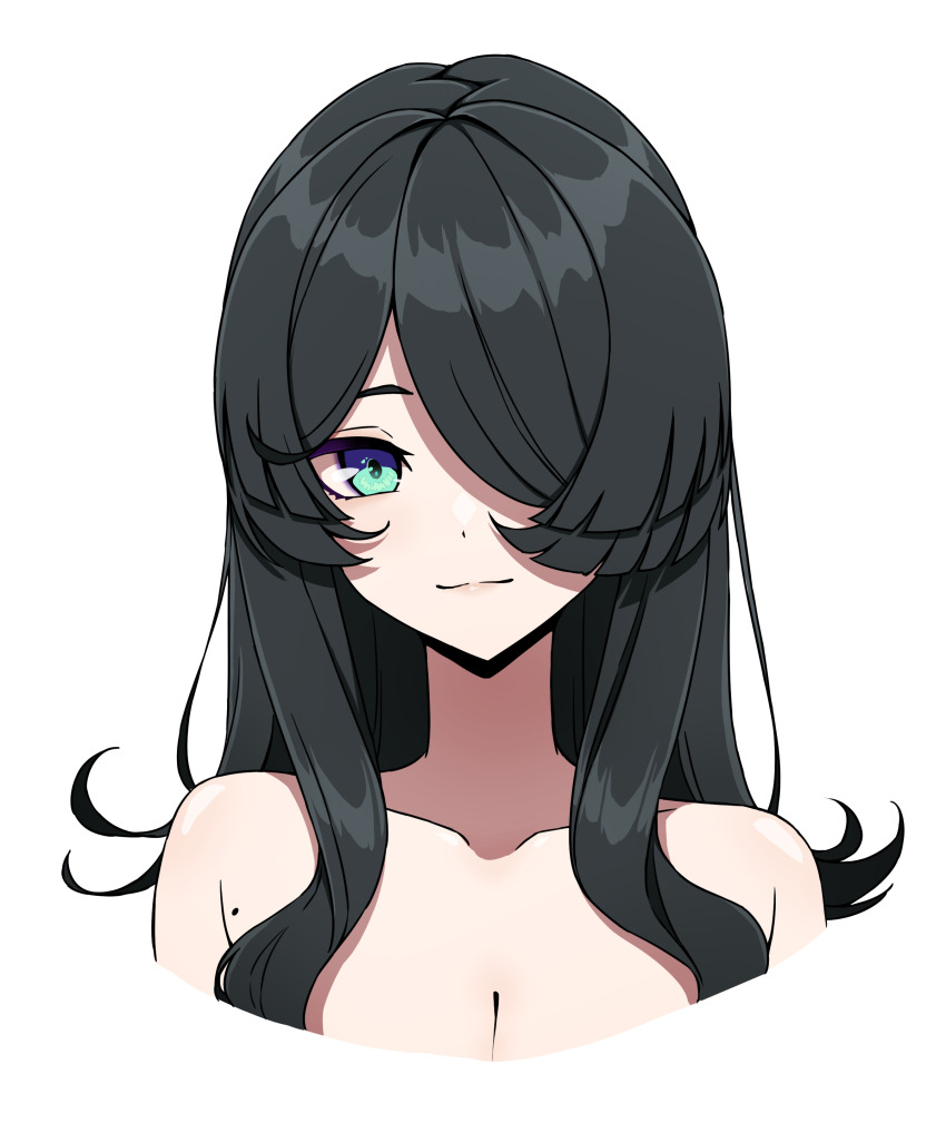 1girl absurdres alternate_hair_color aqua_eyes black_hair breasts cleavage commentary daydarion elira_pendora english_commentary hair_over_one_eye highres humanization light_smile long_hair looking_at_viewer mole mole_on_armpit nijisanji nijisanji_en nude simple_background solo variant_set virtual_youtuber white_background