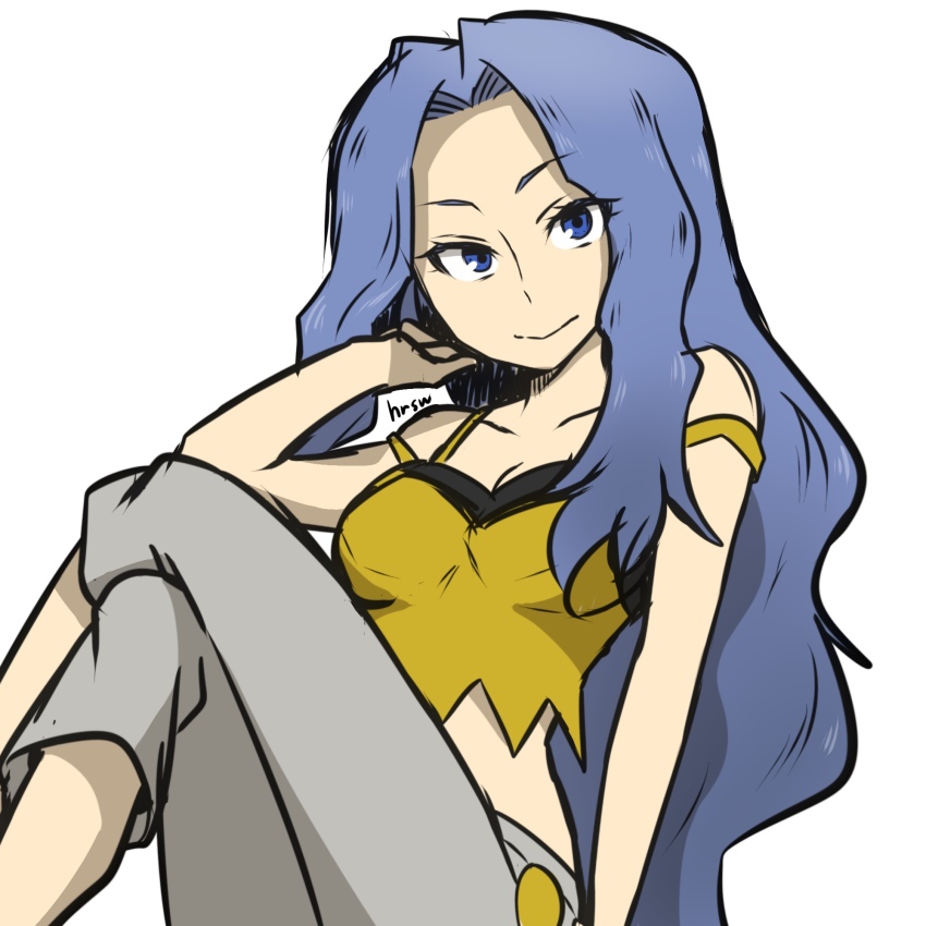 1girl bad_id bad_pixiv_id bare_arms bare_shoulders blue_eyes blue_hair breasts creatures_(company) game_freak highres karen_(pokemon) light_blue_hair long_hair nintendo on_floor pants parted_bangs pokemon pokemon_hgss solo white_pants yellow_crop_top