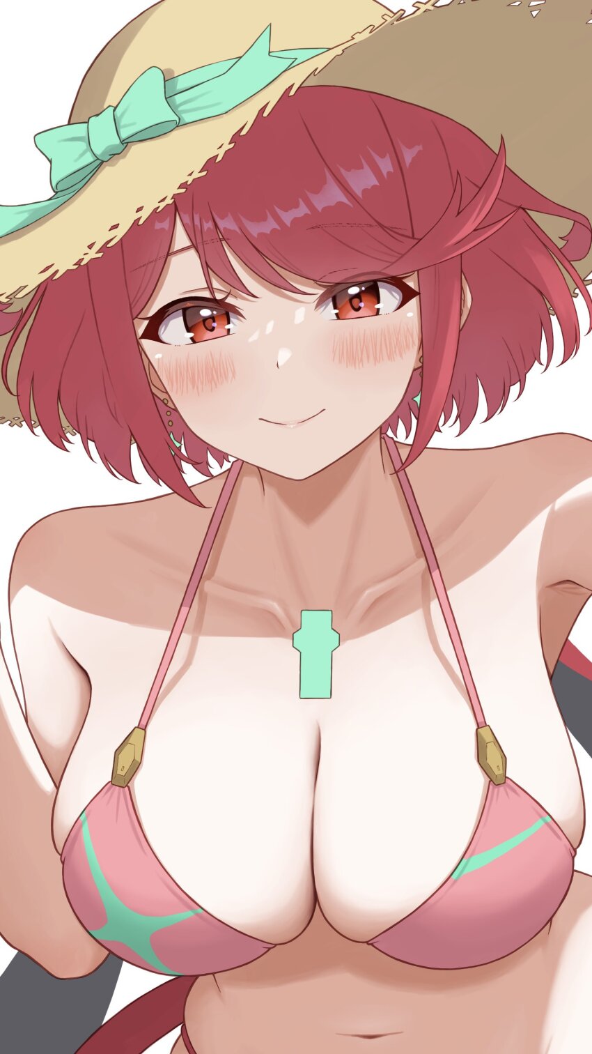 1girl absurdres adapted_costume armpits bikini blush bow breasts chest_jewel closed_mouth collarbone core_crystal_(xenoblade) earrings eyelashes green_bow hat hat_bow highres jewelry large_breasts looking_at_viewer medium_hair navel pink_bikini pyra_(xenoblade) red_eyes red_hair simple_background skindentation smile solo stomach straw_hat swept_bangs swimsuit taro_(peach_taro51) unfinished upper_body white_background xenoblade_chronicles_(series) xenoblade_chronicles_2