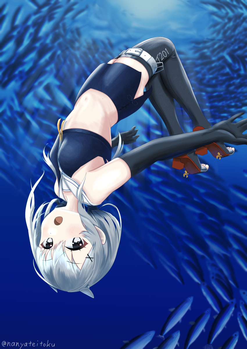 1girl absurdres blue_skirt crop_top fake_horns freediving gradient_neckerchief grey_eyes grey_hair highres horned_headwear horns i-201_(kancolle) kantai_collection long_hair midriff nanya neckerchief rudder_footwear sailor_collar skirt solo thighhighs underwater upside-down