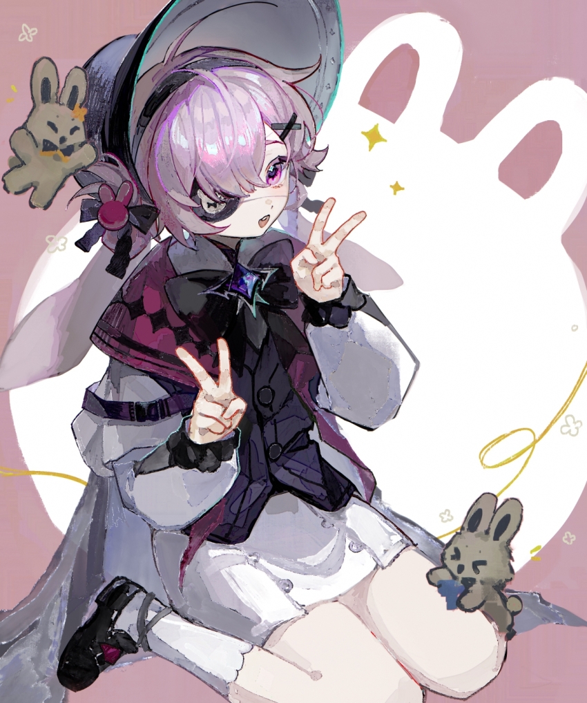 1girl :d animal_ears arknights black_bonnet black_bow black_bowtie black_footwear black_vest bonnet bow bowtie double_v eyepatch floppy_ears hair_ornament hands_up highres kneehighs long_sleeves looking_at_viewer official_alternate_costume open_mouth pink_eyes pink_hair popukar_(arknights) popukar_(witch&#039;s_swing)_(arknights) rabbit_ears rabbit_girl simple_background skirt smile socks solo sparkle stuffed_toy teeth upper_teeth_only v vest white_skirt white_sleeves white_socks x_hair_ornament yezhi_dun_luobei