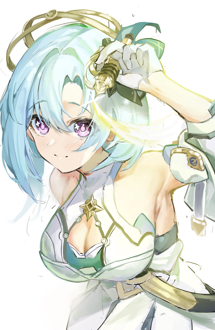 1girl armpits bare_shoulders blue_hair breasts cleavage_cutout closed_mouth clothing_cutout detached_sleeves dress griseo griseo_(cosmic_expression) highres holding holding_pen honkai_(series) honkai_impact_3rd kd_(kdh45689) large_breasts light_blue_hair pen purple_eyes short_hair smile solo upper_body white_background white_dress