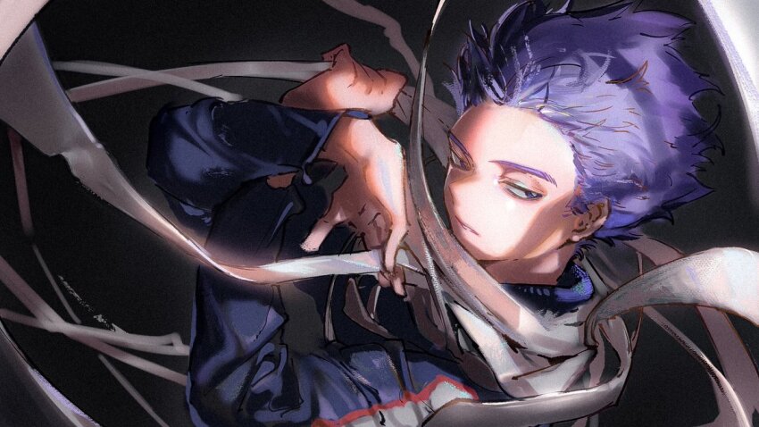 1boy akiyama_youkou arms_up black_background boku_no_hero_academia commentary crossed_arms curled_fingers jacket long_sleeves looking_to_the_side male_focus multicolored_clothes multicolored_jacket parted_lips partially_shaded_face profile purple_eyes purple_hair ribbon shinso_hitoshi simple_background solo u.a._gym_uniform upper_body white_ribbon