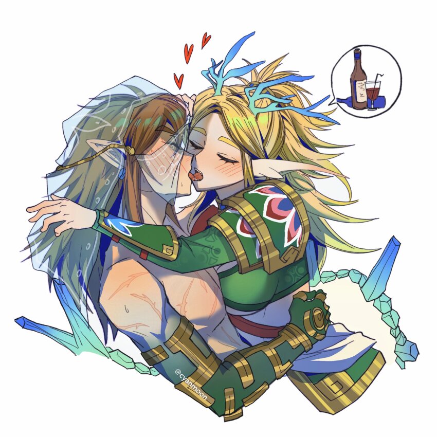 1boy 1girl blonde_hair blush brown_hair cropped_torso dragon_girl dragon_horns drunk heart hetero highres horns hug kiss light_dragon_(zelda) link long_hair mouth_veil nintendo pointy_ears princess_zelda scar shuo_yue simple_background the_legend_of_zelda the_legend_of_zelda:_tears_of_the_kingdom veil white_background