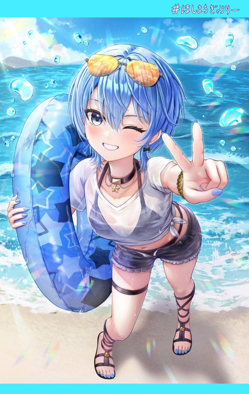 1girl absurdres beach bikini black_bikini blue_nails blue_shorts breasts commentary_request denim denim_shorts eyewear_on_head full_body highres holding holding_swim_ring hololive hoshimachi_suisei innertube ocean one_eye_closed orange-tinted_eyewear sandals see-through see-through_shirt shirt shorts small_breasts solo sunglasses swim_ring swimsuit tied_shirt tinted_eyewear v virtual_youtuber wajuniorbox white_shirt