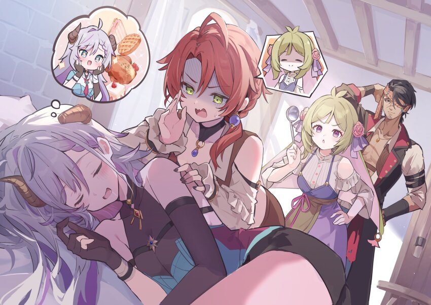 1boy 3girls :o ahoge atelier_(series) atelier_resleriana black_hair broken_horn ceiling closed_eyes commentary_request dark-skinned_male dark_skin day dreaming dress earrings flocke_cerha food gloves green_eyes green_hair hair_between_eyes hand_on_another&#039;s_shoulder hand_on_own_hip hand_up hands_on_own_cheeks hands_on_own_face hands_up heidi_(atelier) highres holding holding_ladle horns indoors jewelry ladle lanze_dach long_hair long_sleeves lying mola_mola multicolored_hair multiple_girls on_bed on_side open_mouth partially_fingerless_gloves pie purple_dress purple_eyes purple_hair red_hair saliva shaded_face shirt short_hair sleeping smile sparkle speech_bubble spoken_character standing turn_pale two-tone_hair valeria_(atelier) waking_another white_shirt