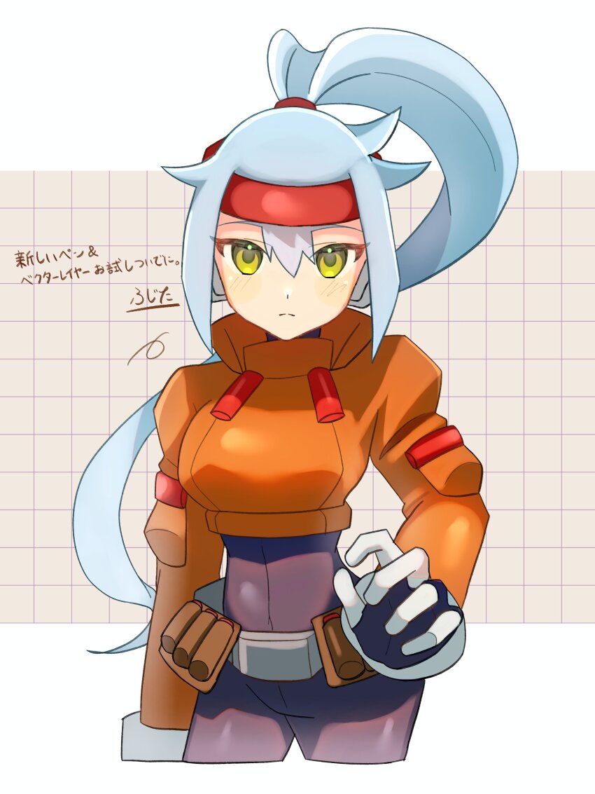 1girl absurdres ashe_(mega_man) belt black_bodysuit blue_hair bodysuit bodysuit_under_clothes capcom commentary_request cowboy_shot cropped_jacket female_focus green_eyes hair_between_eyes headband high_ponytail highres jacket light_blue_hair long_hair looking_at_viewer mega_man_(series) mega_man_zx mega_man_zx_advent orange_jacket red_headband sasaki_(ssk8083) solo translation_request