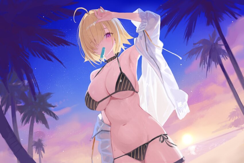 1girl absurdres ahoge alternate_costume arm_up armpits beach bikini blonde_hair blush breasts choker cowboy_shot dutch_angle elegg_(nikke) food food_in_mouth goddess_of_victory:_nikke groin hair_over_one_eye highres ice_cream large_breasts looking_at_viewer navel ocean palm_tree purple_eyes sand see-through_clothes side-tie_bikini_bottom simsimhea solo star_(sky) striped_bikini striped_clothes sunset swimsuit thigh_strap tree