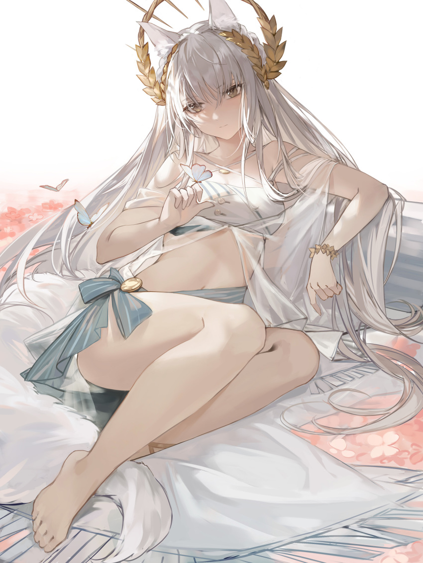 1girl absurdres animal_ears arknights bare_shoulders bug butterfly ergouzi_echo grey_eyes highres horse_ears horse_girl horse_tail insect laurel_crown long_hair official_alternate_costume platinum_(arknights) platinum_(shimmering_dew)_(arknights) silver_hair solo swimsuit swimsuit_cover-up tail very_long_hair