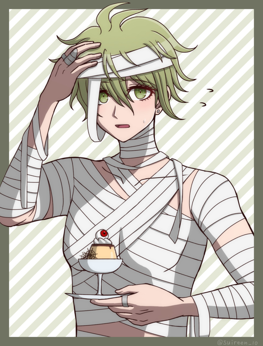 1boy amami_rantaro antenna_hair bandaged_arm bandaged_chest bandaged_head bandaged_neck bandages danganronpa_(series) danganronpa_v3:_killing_harmony earrings flying_sweatdrops food green_eyes green_hair halloween_costume hand_up highres holding holding_plate jewelry looking_at_viewer male_focus mummy_costume open_mouth plate pudding solo striped_background suiren_yurei