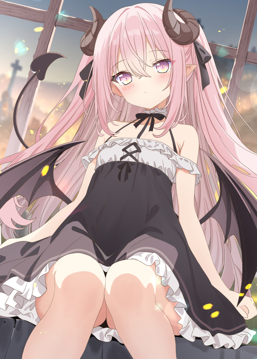 1girl aruka_(alka_p1) black_bow black_dress black_ribbon black_wings bow brown_horns choker commentary_request curved_horns demon_girl demon_tail demon_wings dress feet_out_of_frame frilled_dress frills hair_bow highres horns looking_at_viewer neck_ribbon off-shoulder_dress off_shoulder original pink_eyes pink_hair ribbon short_dress sitting sleeveless sleeveless_dress solo tail upskirt white_choker wings