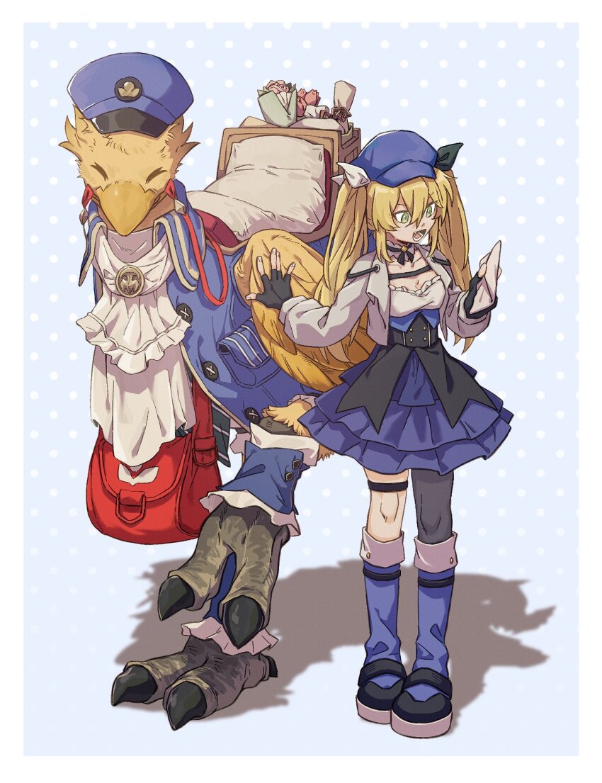 bird black_gloves blonde_hair blue_dress blue_footwear blue_hat boots chocobo criangle_k. cropped_jacket dokibird_(vtuber) dokibird_(vtuber)_(retro_doki) dragoon_(dokibird) dress final_fantasy fingerless_gloves full_body gloves green_eyes grey_jacket hat highres indie_virtual_youtuber jacket knee_boots long_hair shadow single_leg_pantyhose standing virtual_youtuber