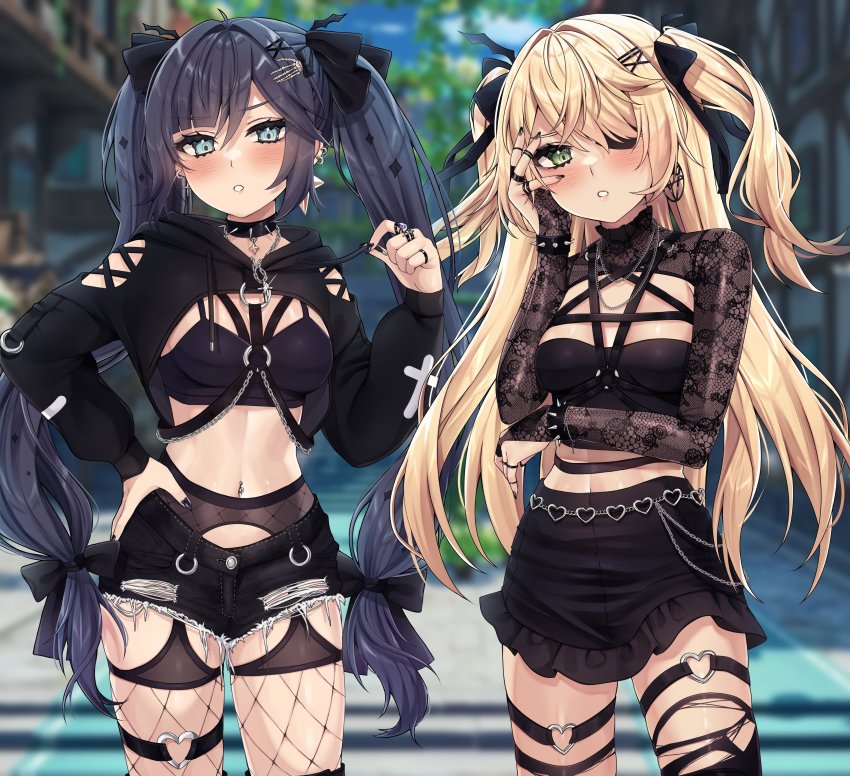 2girls absurdres alternate_costume arm_cutout arm_under_breasts belt black_bow black_hair black_nails black_shorts black_skirt blonde_hair blue_eyes blush bow bracelet breasts choker cleavage_cutout clothing_cutout cross earrings eyepatch fischl_(genshin_impact) fishnets garter_belt garter_straps genshin_impact goth_fashion green_eyes hair_bow hair_ornament hairclip hand_on_own_hip hand_on_own_face heart heart_o-ring highres jewelry looking_at_viewer medium_breasts midriff miniskirt mona_(genshin_impact) multiple_girls nail_polish navel navel_piercing necklace piercing ring short_shorts short_twintails shorts skirt spiked_bracelet spiked_choker spikes string_pull thigh_strap thighhighs torn_clothes torn_shorts twintails vitaminechan