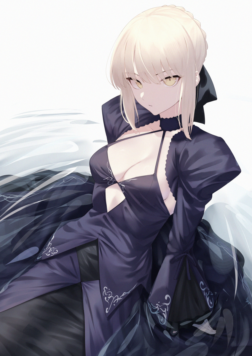 1girl absurdres artoria_pendragon_(fate) black_dress blonde_hair breasts cleavage dress fate/grand_order fate_(series) highres long_sleeves looking_at_viewer medium_breasts medium_hair okuma707 partially_submerged revision ripples saber_alter sidelocks solo water yellow_eyes